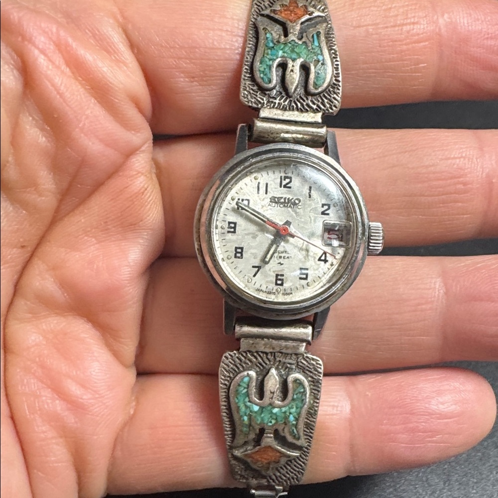 Vintage Seiko Automatic Watch peony bird southwestern style stainless steel